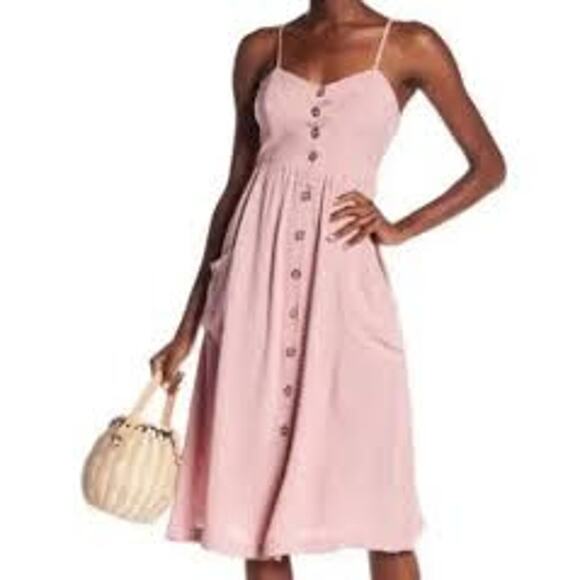 Good Luck Gem Womens Size S Pink Button Down Sleeveless Midi Sun Dress Pockets - Picture 1 of 14